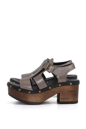 Sandalia tipo zueco Bali en cuero floater peltre y negro con planta BUA 8 cm, zuecos de mujer para vestir