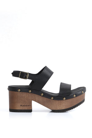 Sandalia Kebba Bélgica negra en cuero graneado con planta madera, zuecos Kebba oferta