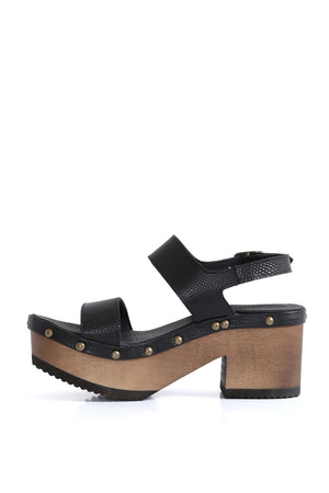 Sandalia artesanal Bua Bélgica caimán negro con ajuste anatómico, zuecos de mujer para vestir