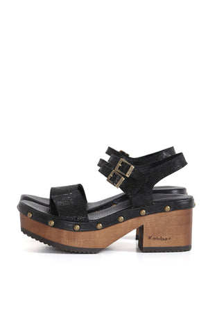 Sandalia Bonita DFO negro con destellos brillantes y planta BUA 8 cm, zuecos de mujer para vestir