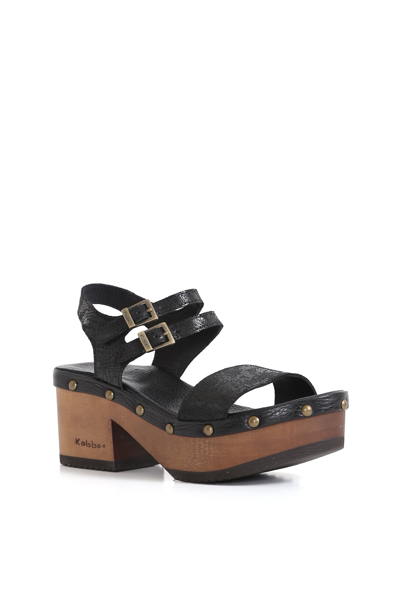 Bonita negra Kebba en cuero DFO con planta de madera tepa 8 cm, Kebba Clogs