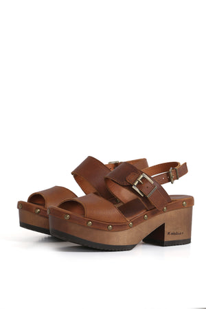 Bua Etiopía Kebba cuero tostado con hebillas de ajuste en talón y empeine, zuecos artesanales