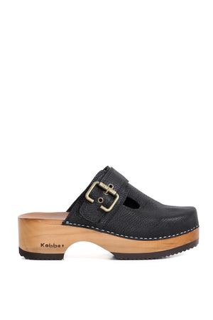 Zueco artesanal Cloc Lea negro con ajuste de empeine y taco bajo, zuecos Kebba oferta