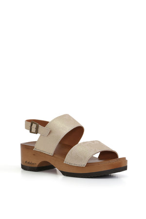 Zapatos anatómicos Kebba Longavi, cuero cobra níquel y planta CLOC 5 cm de madera tepa artesanal