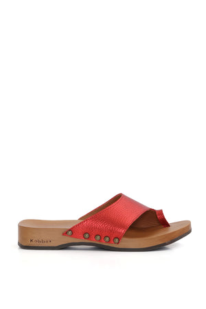 Sandalia artesanal Damian en cuero rojo con planta anatómica DK de madera