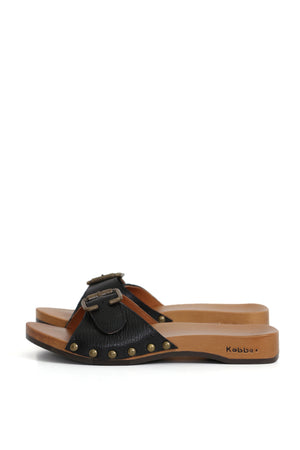 Zapatos anatómicos negros con base de madera y correa clásica estilo clogs