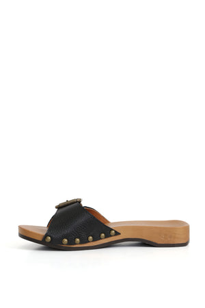 Zuecos de mujer para vestir negros en cuero floater con base de madera estilo Kebba Clogs