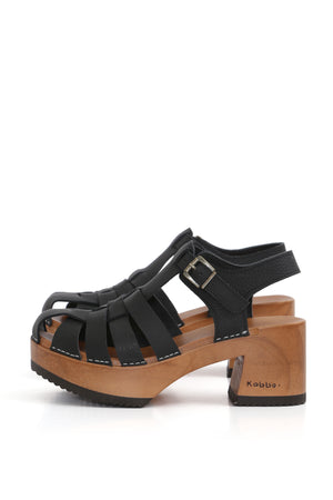 Sandalia Purificación Texas Negro en cuero vacuno con planta anatómica Pájaro 7,5 cm, fondo blanco