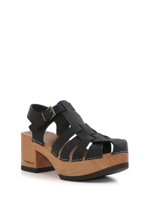 Sandalia de mujer Purificación Texas Negro, cuero negro con planta Pájaro anatómica de madera, vista superior fondo blanco