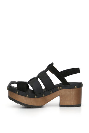 Bua Bera negro en cuero artesanal con planta anatómica 8 cm, zuecos de mujer para vestir