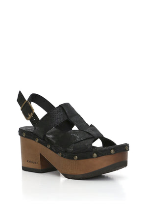 Bimba negra en cuero con destellos y planta de madera BUA alta, Kebba Clogs