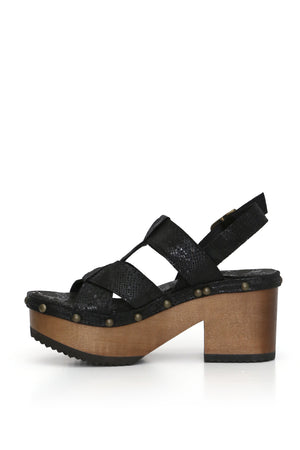 Sandalia artesanal Bua Bimba negro con destellos y planta anatómica, zuecos de mujer para vestir