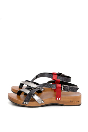 SANDALIA MUJER - DK GREY COBRA NEGRO ROJO