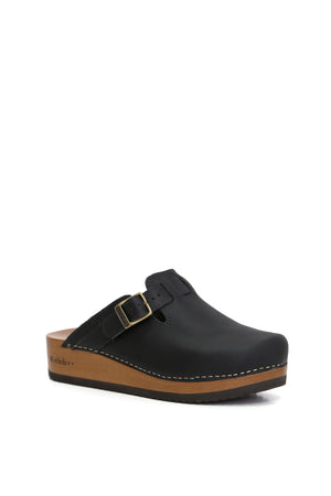 Zuecos mujer negros Kebba Riemen con planta tepa de 5 cm y acabado artesanal, Kebba Clogs