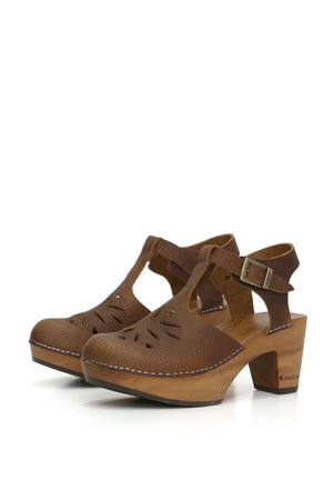 Kebba Clogs Tábata tostado, sandalia artesanal cuero vacuno con hebilla al tobillo