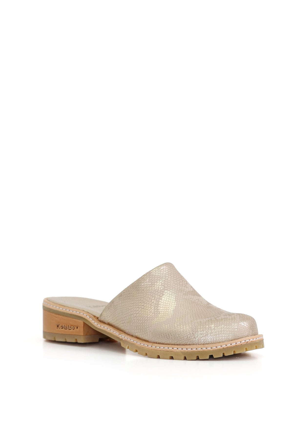 Sandalia dorada de cuero con diseño cobra y plantilla de cuero, Kebba Clogs