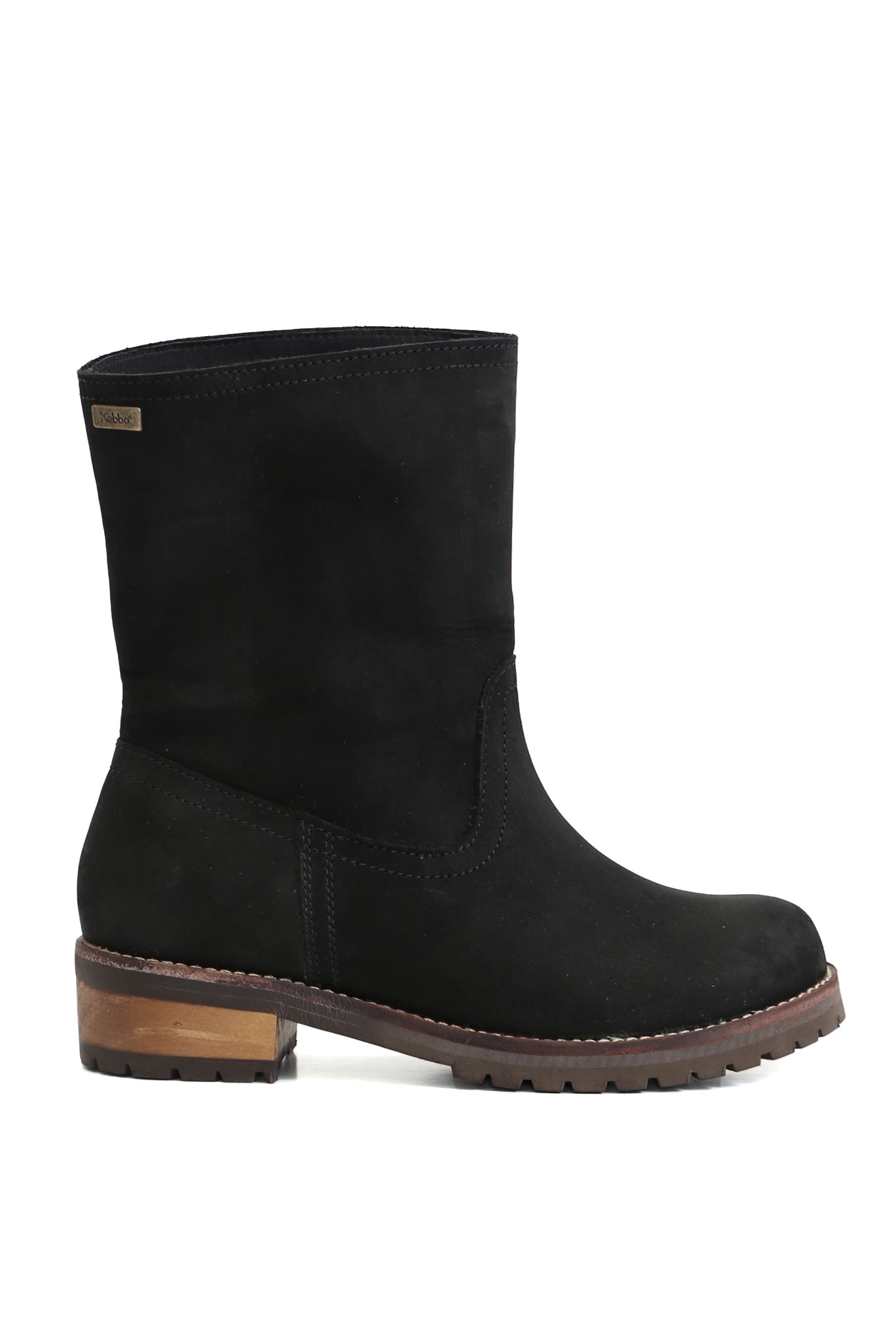 Kebba Clogs estilo bototo Damiano de mujer en cuero oil negro graso con taco bajo 3 cm, par completo sobre fondo blanco
