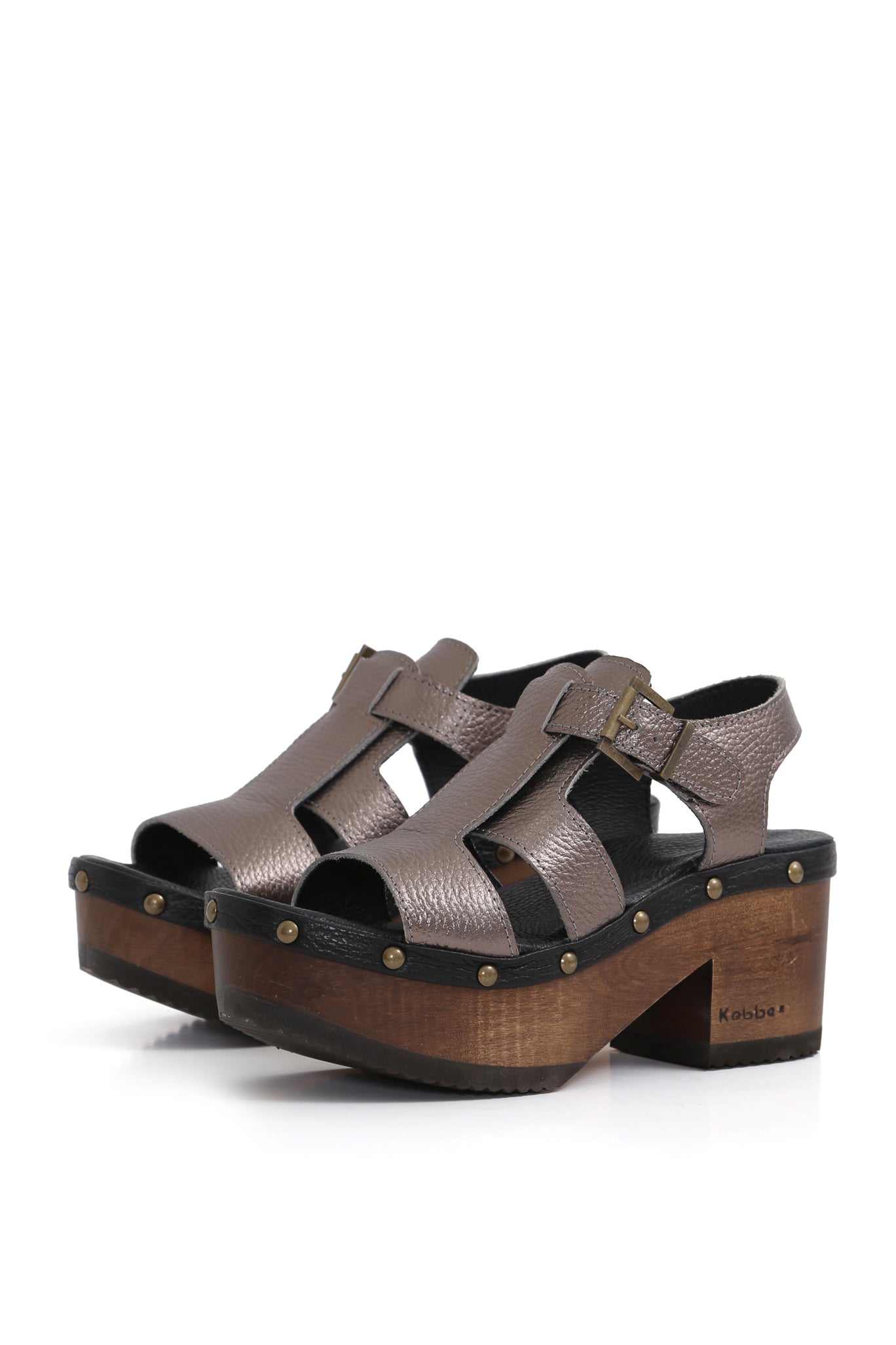 Sandalia tipo zueco Bali en cuero floater peltre y negro con planta BUA 8 cm, zuecos de mujer para vestir