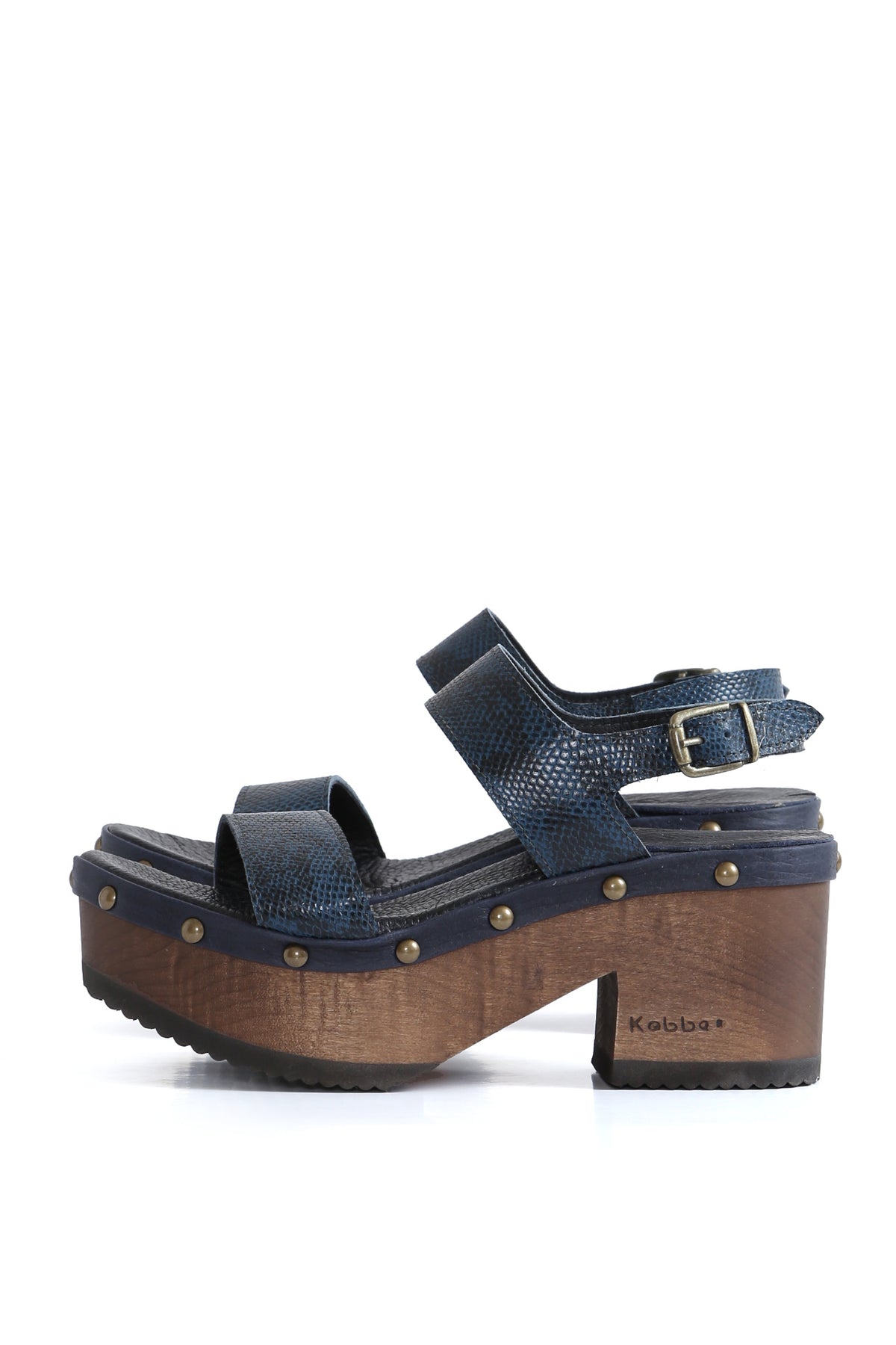 Sandalia tipo zueco Bélgica azul en cuero graneado con planta BUA 8 cm, zuecos de mujer para vestir