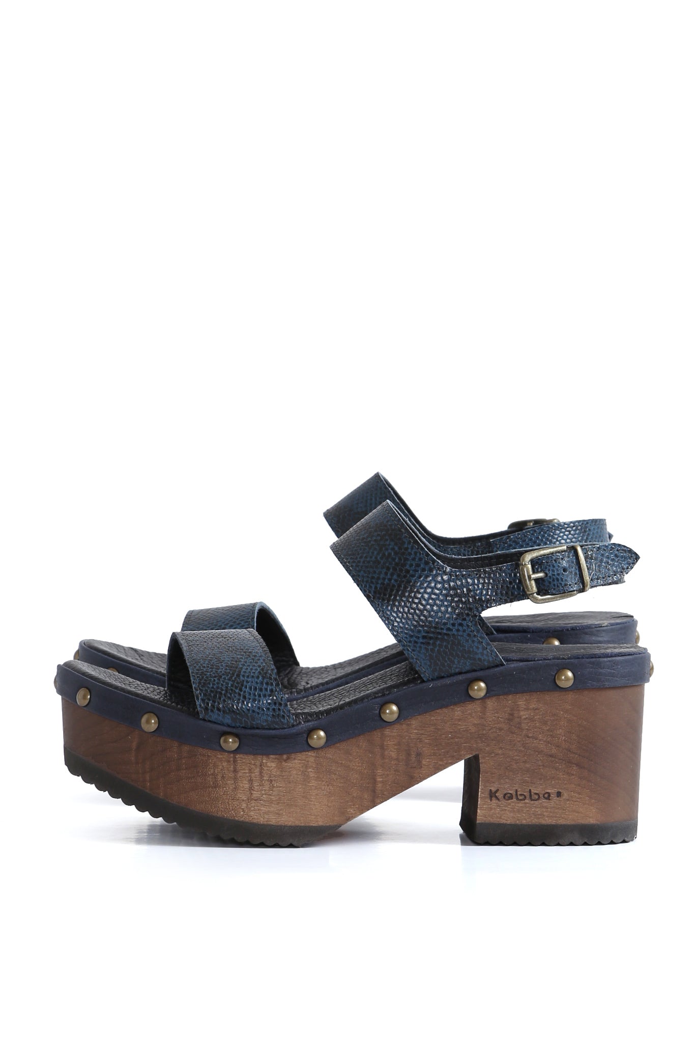 Sandalia tipo zueco Bélgica azul en cuero graneado con planta BUA 8 cm, zuecos de mujer para vestir