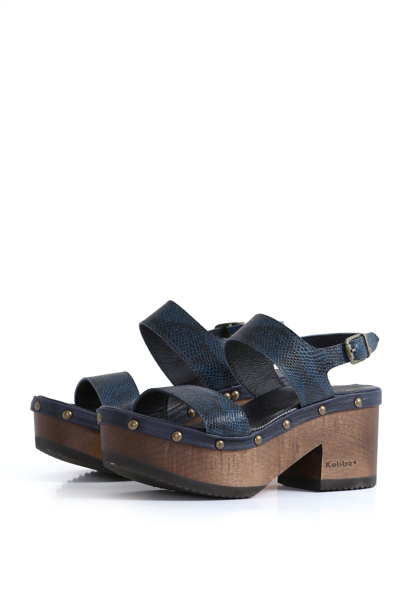 Sandalia tipo zueco Bélgica azul en cuero graneado con planta BUA 8 cm, zuecos de mujer para vestir