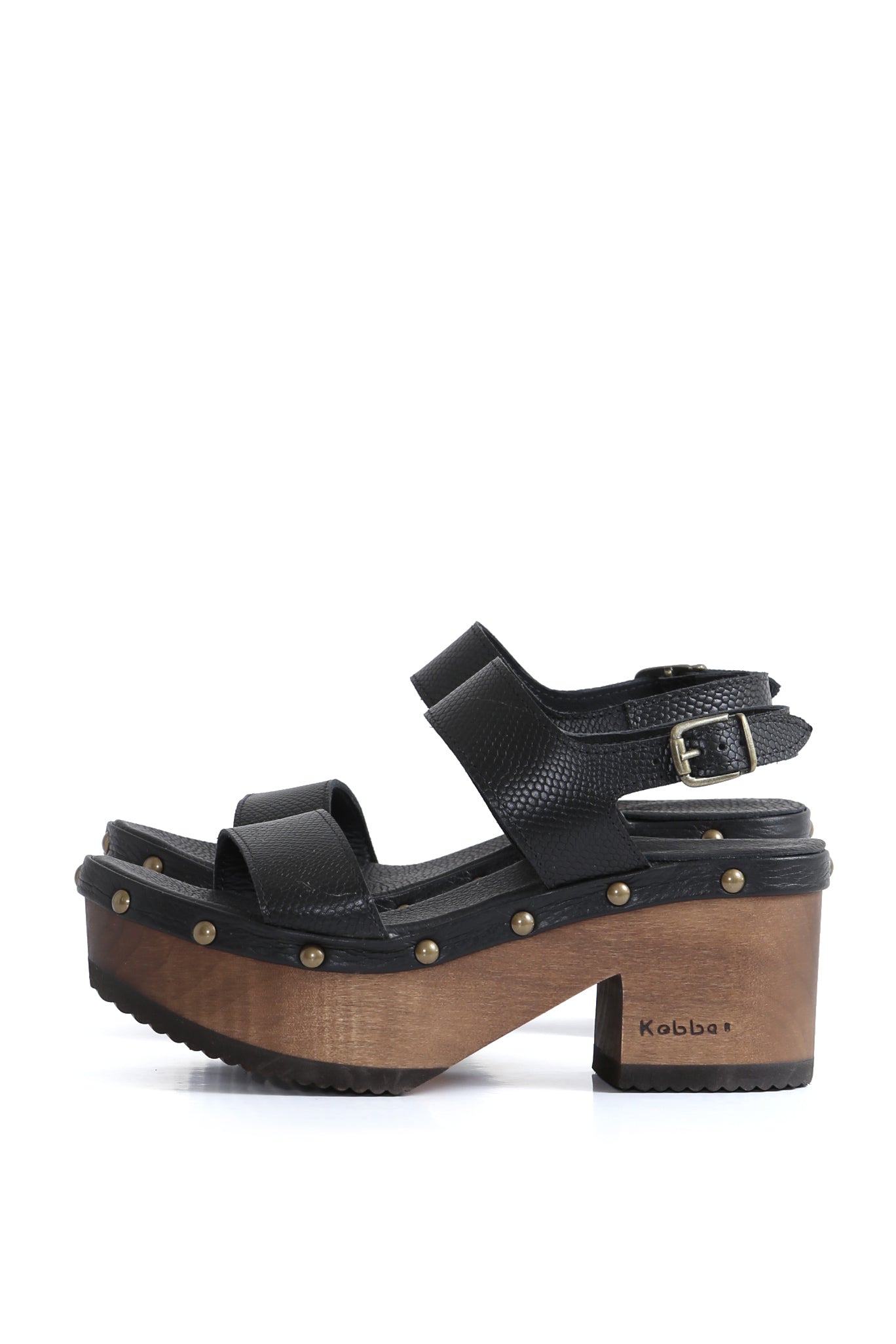 Sandalia tipo zueco Bélgica en cuero negro graneado con planta BUA 8 cm, zuecos de mujer para vestir