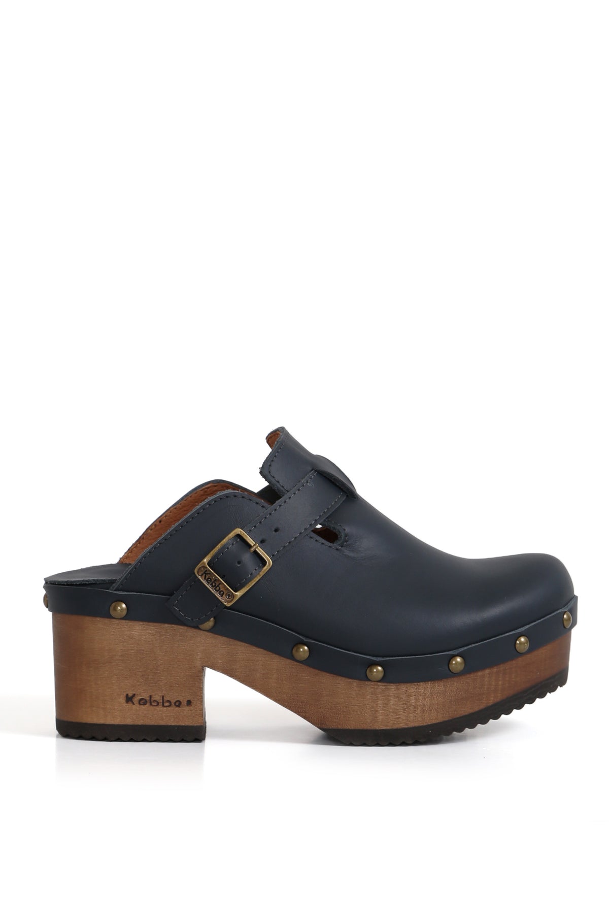 Zueco de cuero azul Kebba Benjamina con 8 cm de altura y ajuste empeine, zuecos Kebba oferta