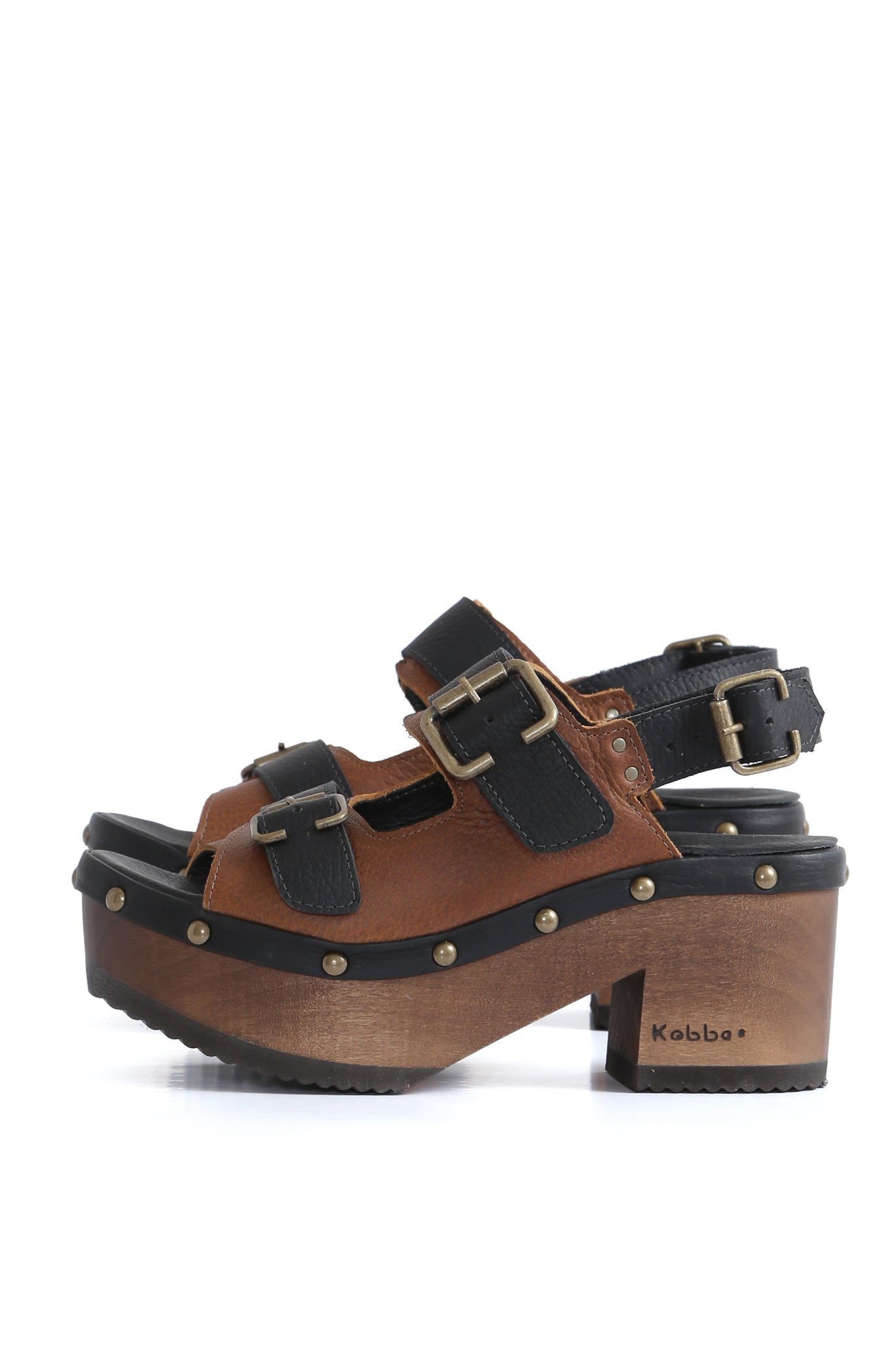 Sandalia Berlín Kebba cuero Texas Renobuk tostado con planta BUA 8 cm, zuecos de mujer para vestir