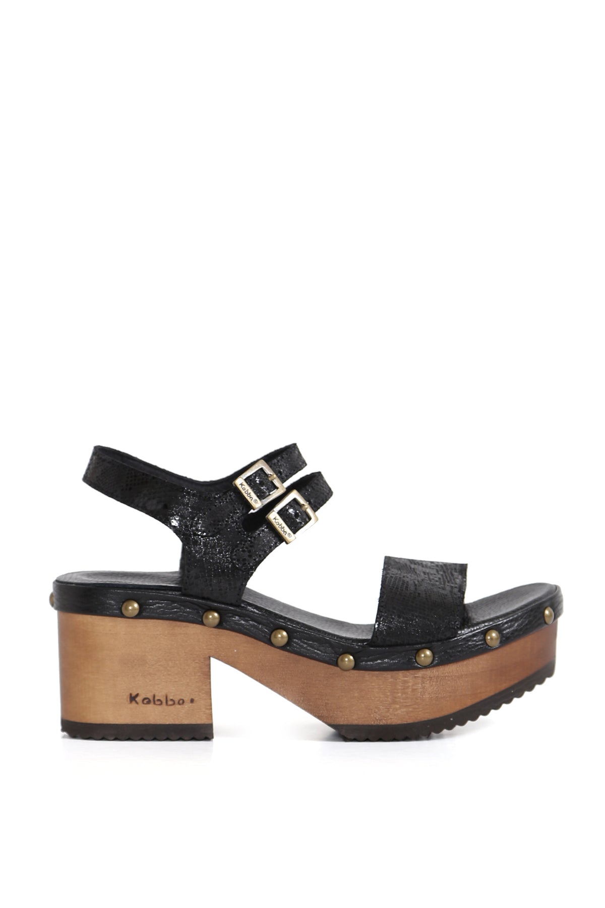 Sandalia de cuero negro brillante Kebba Bonita con ajuste doble, zuecos Kebba oferta