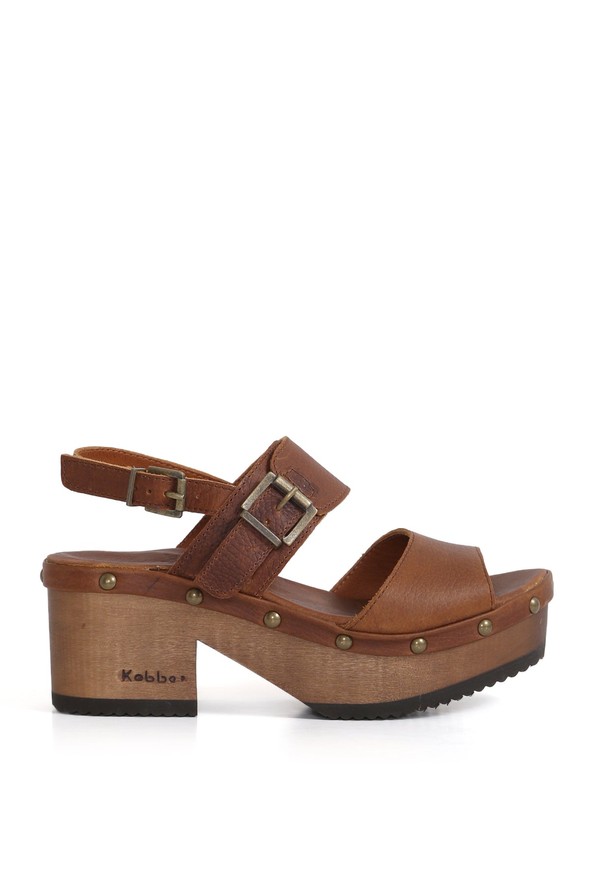 Sandalia de cuero tostado Kebba Etiopía con doble hebilla y planta BUA, zuecos Kebba oferta