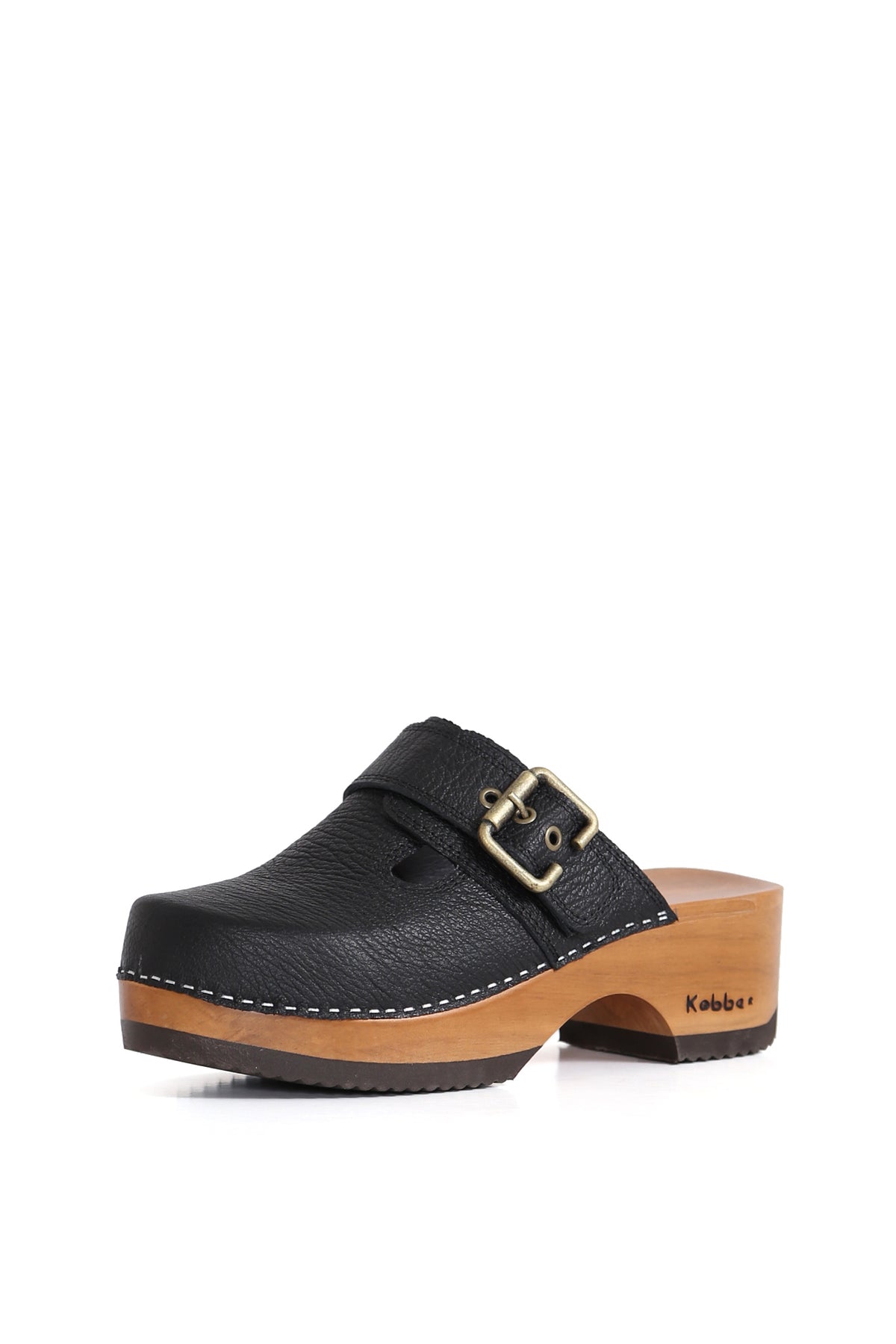 Cloc Lea Roma negro en cuero artesanal con planta de madera, zapatos anatómicos