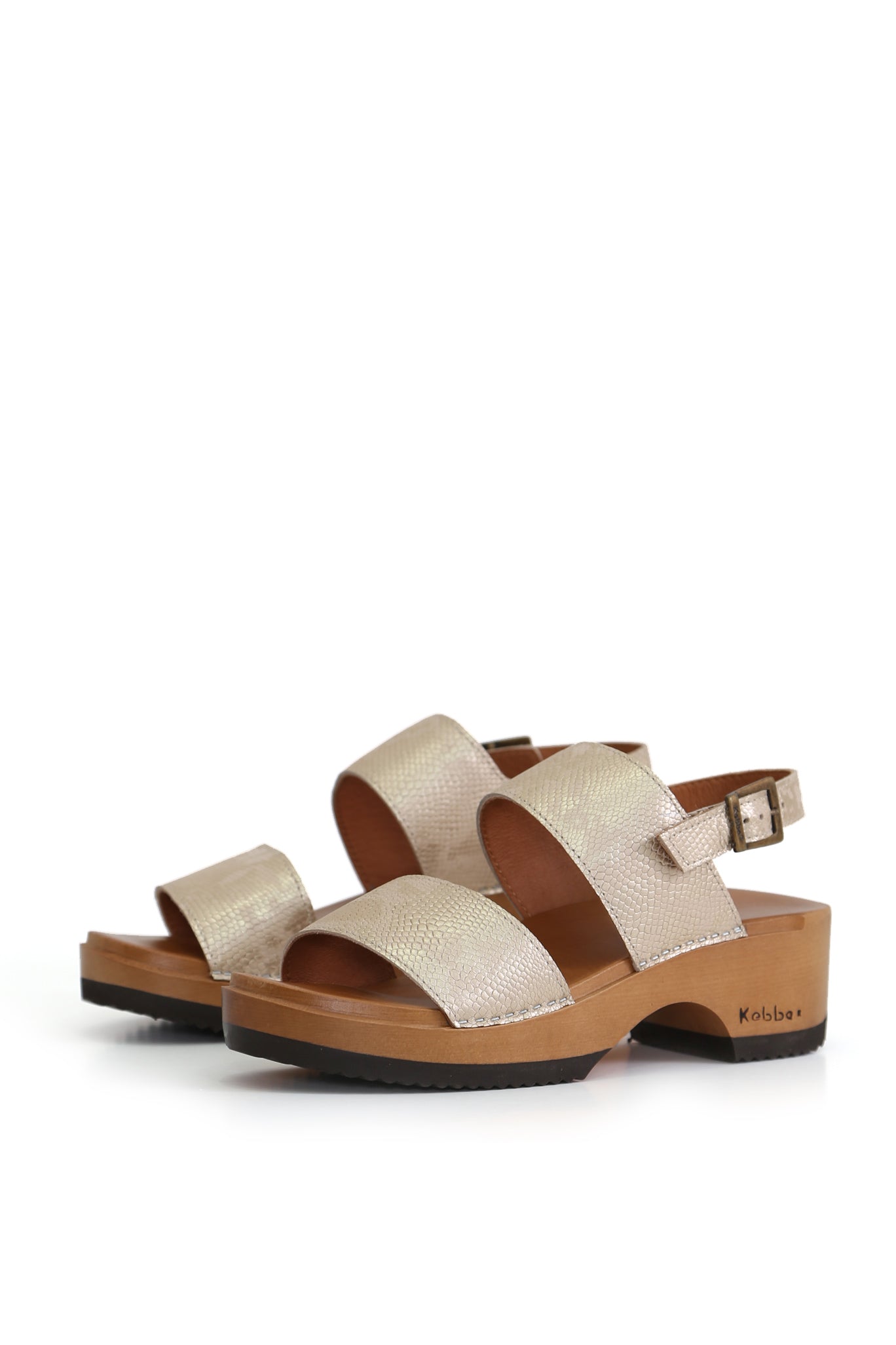 Zuecos de mujer para vestir Longavi en cuero cobra níquel dorado con planta CLOC anatómica 5 cm madera tepa