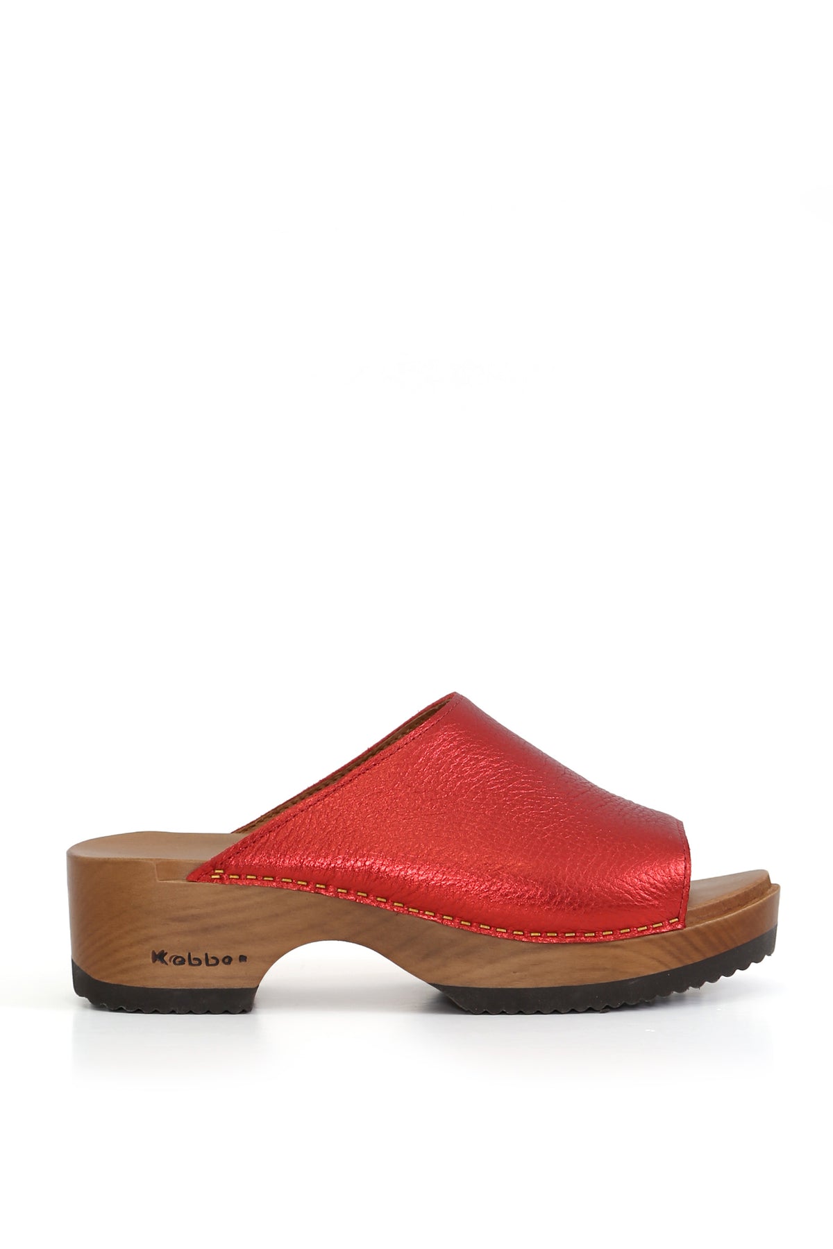 Zapatos anatómicos Kebba Clogs Nicanor Rojo metálico, planta anatómica Cloc de madera 5 cm, fondo blanco