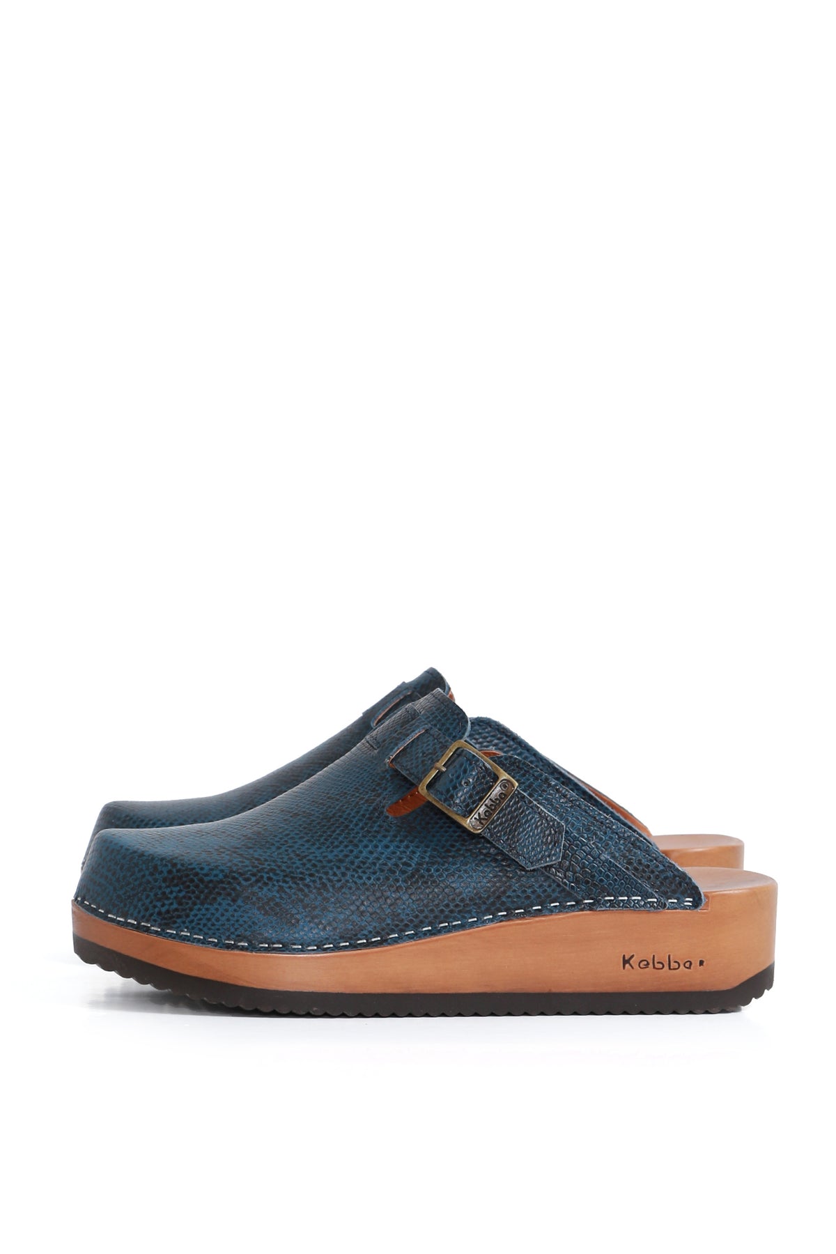 Zuecos mujer Riemen Cascabel azul en cuero liso con planta anatómica 5 cm, zuecos de mujer para vestir