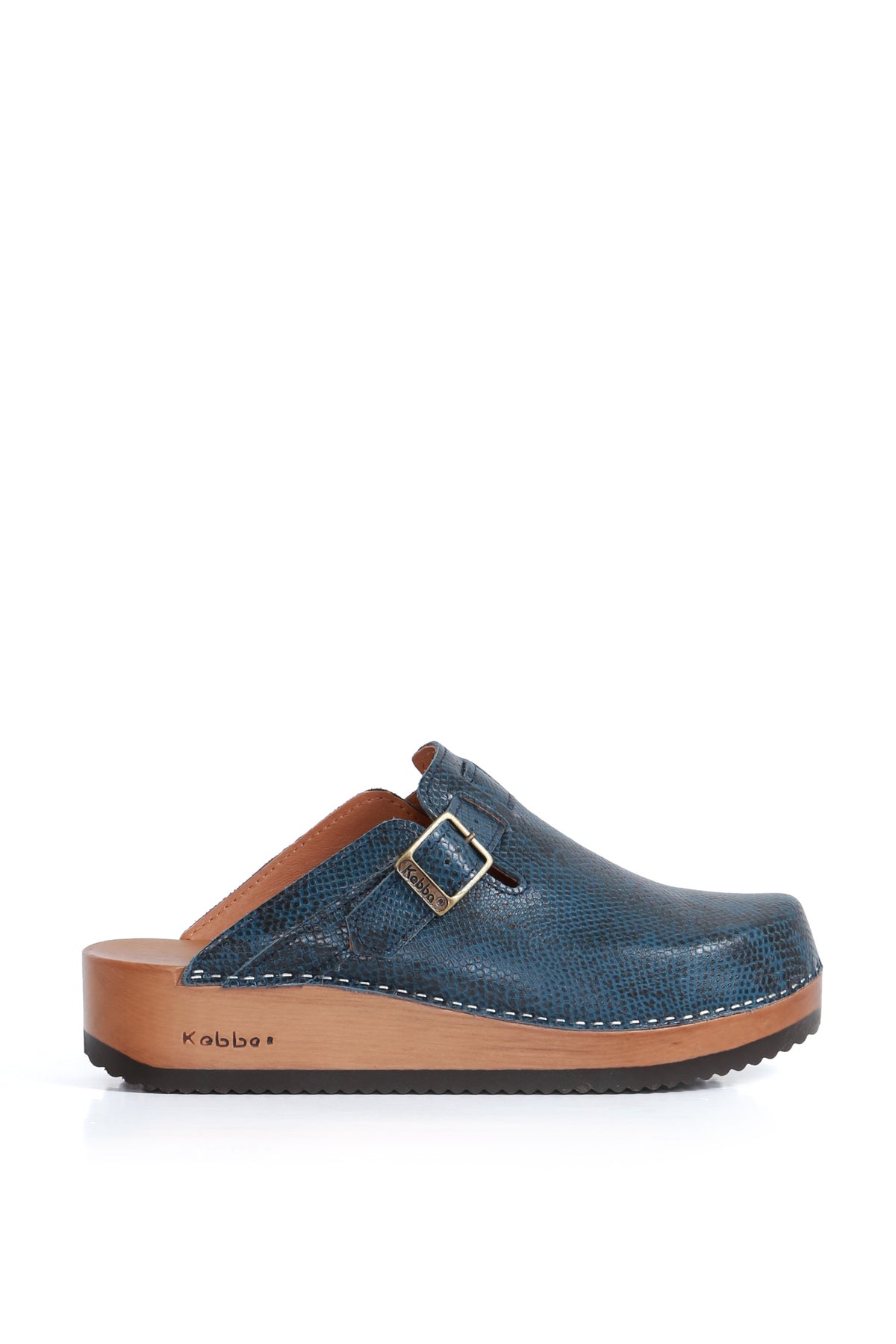 Zueco artesanal Kebba Riemen azul con calce seguro y traba funcional, zuecos Kebba oferta