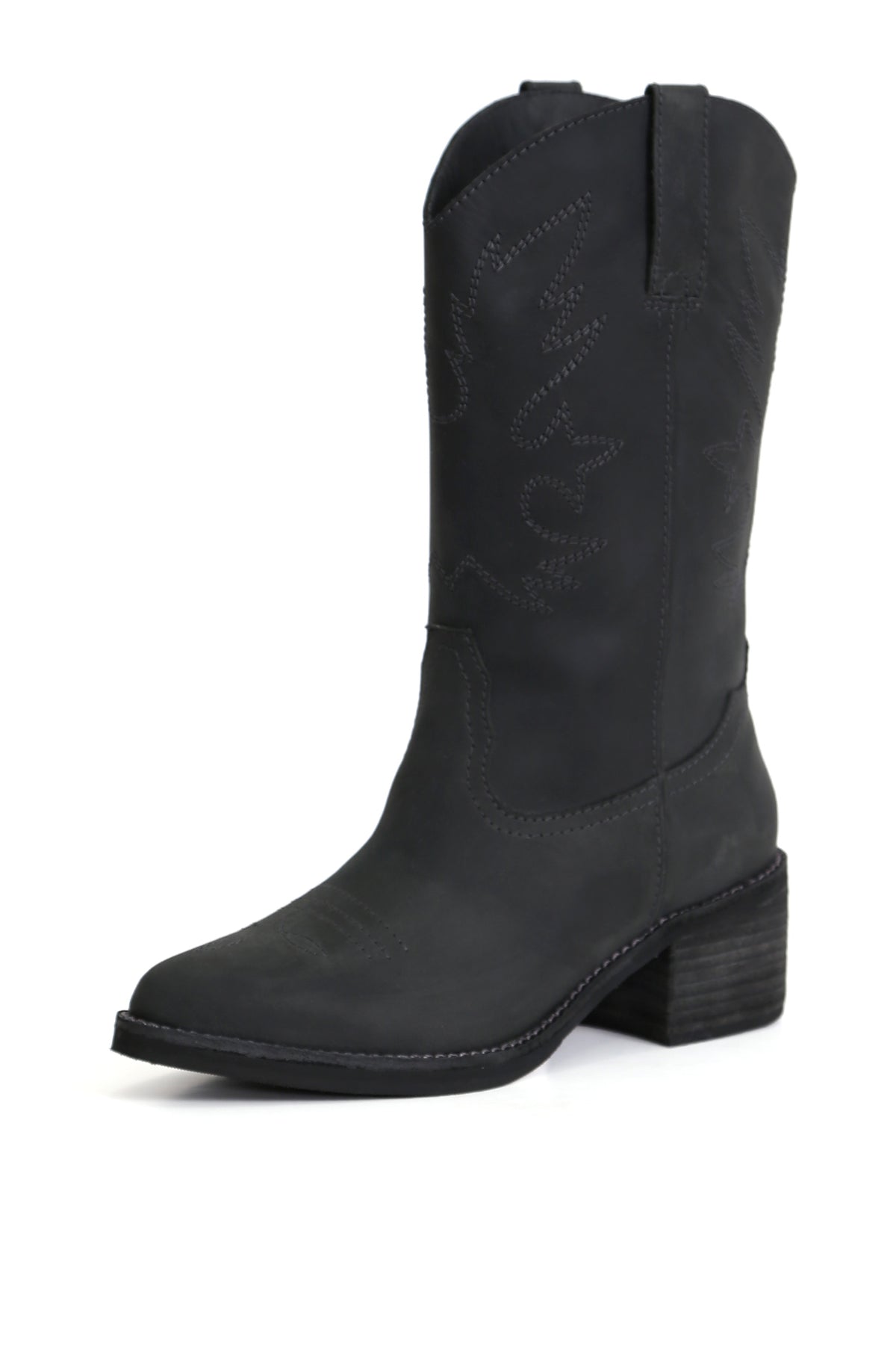 Zapatos anatómicos Kebba Nicolasa Nacho West de mujer en cuero negro opaco con planta Nicolasa y taco 5 cm, vista superior fondo blanco