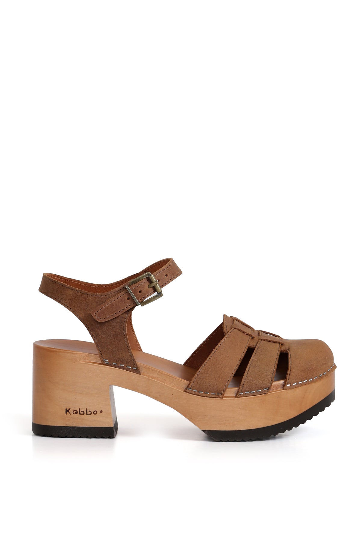 Sandalia artesanal Paula cuero West brandy, planta Pájaro 7,5 cm de madera