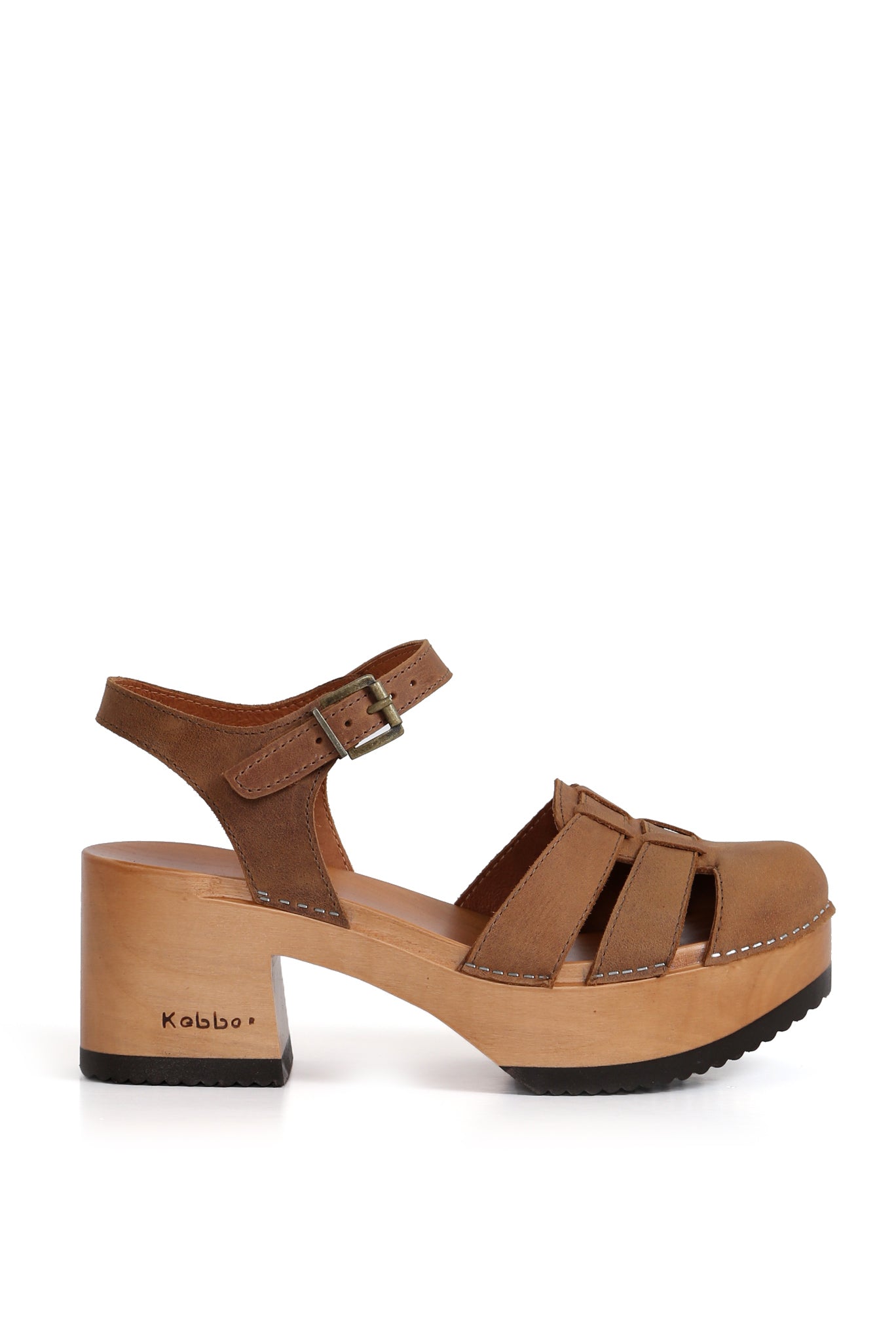 Sandalia artesanal Paula cuero West brandy, planta Pájaro 7,5 cm de madera