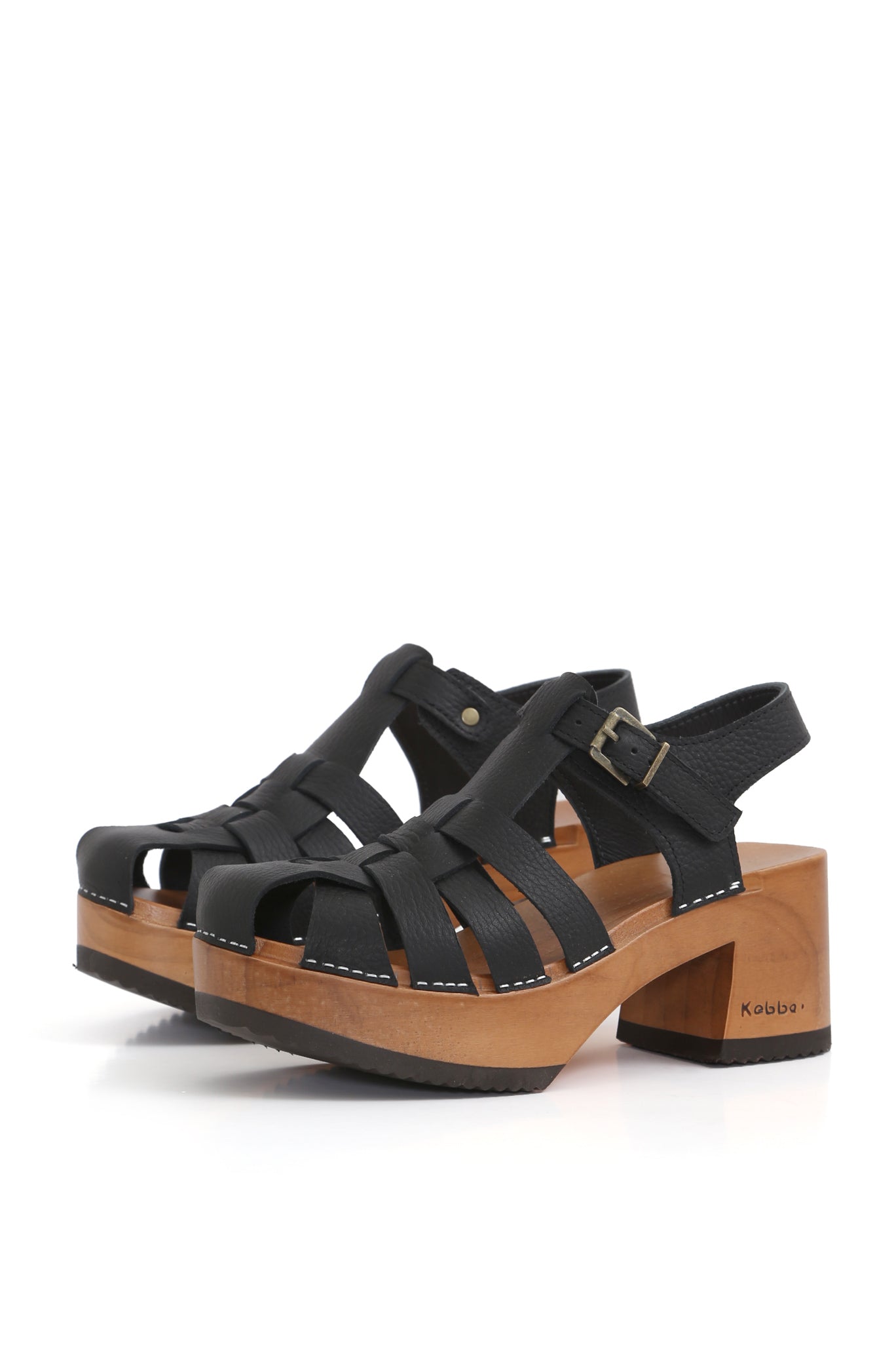 Sandalia Purificación Texas Negro en cuero vacuno con planta anatómica Pájaro 7,5 cm, fondo blanco