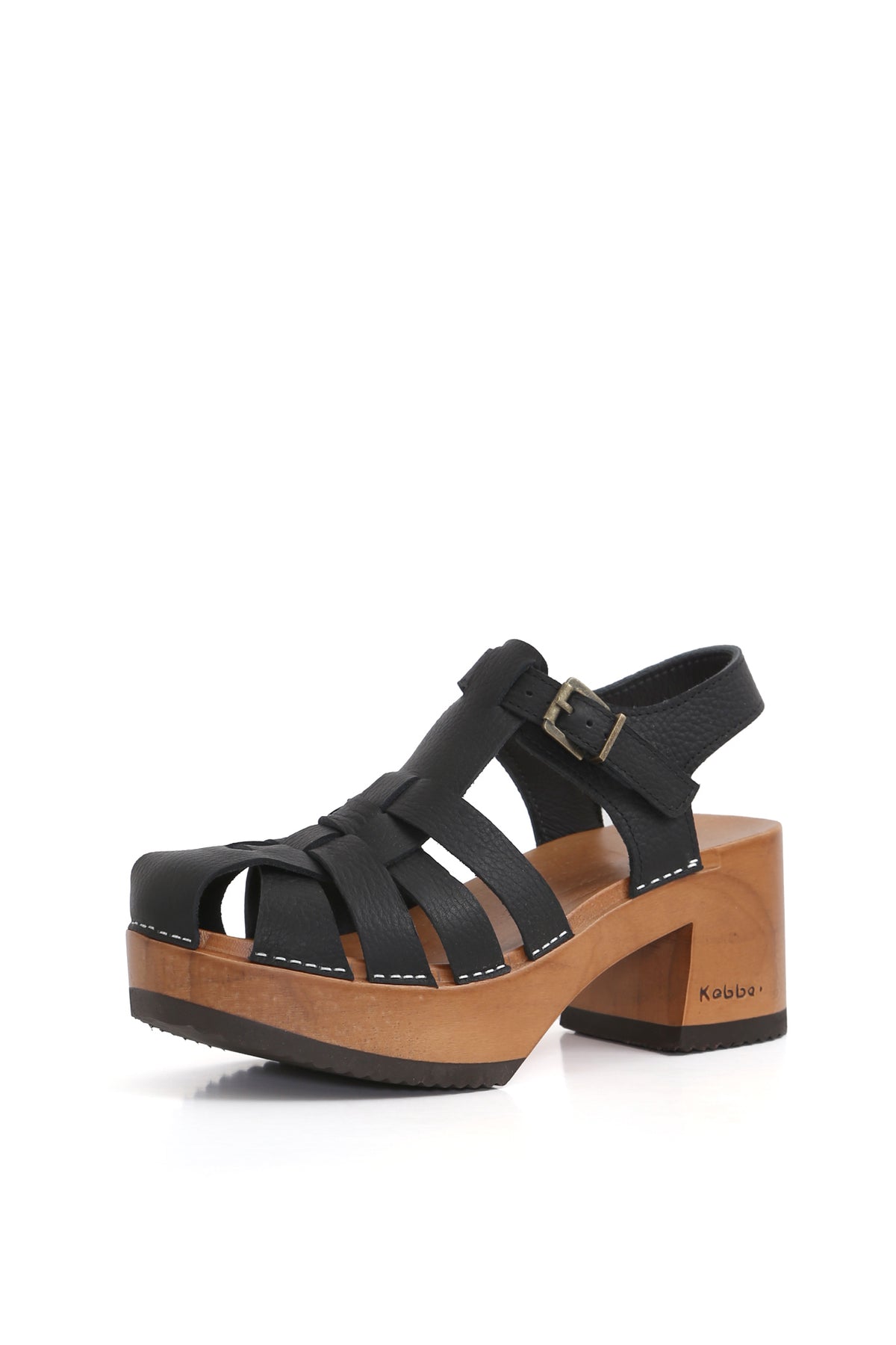 Kebba Purificación Texas Negro, sandalia artesanal de cuero con planta anatómica de madera 7,5 cm, fondo blanco