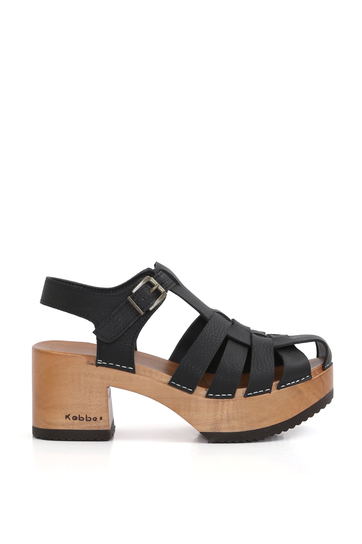 Zapatos anatómicos Kebba Purificación Texas Negro, sandalia artesanal de cuero vacuno negro, fondo blanco