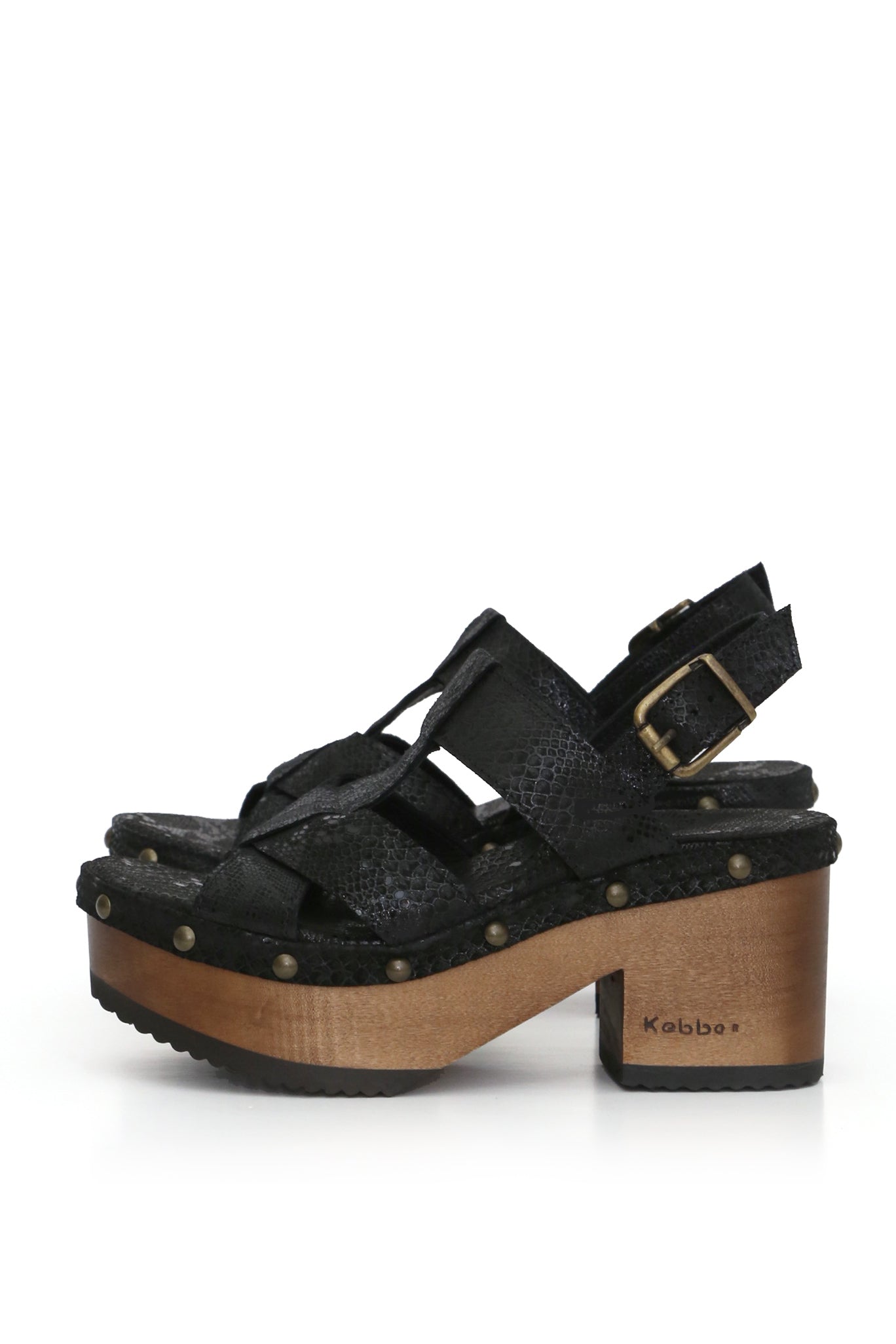 Sandalia Bimba negro en cuero DFO con destellos y planta BUA 8 cm, zuecos de mujer para vestir