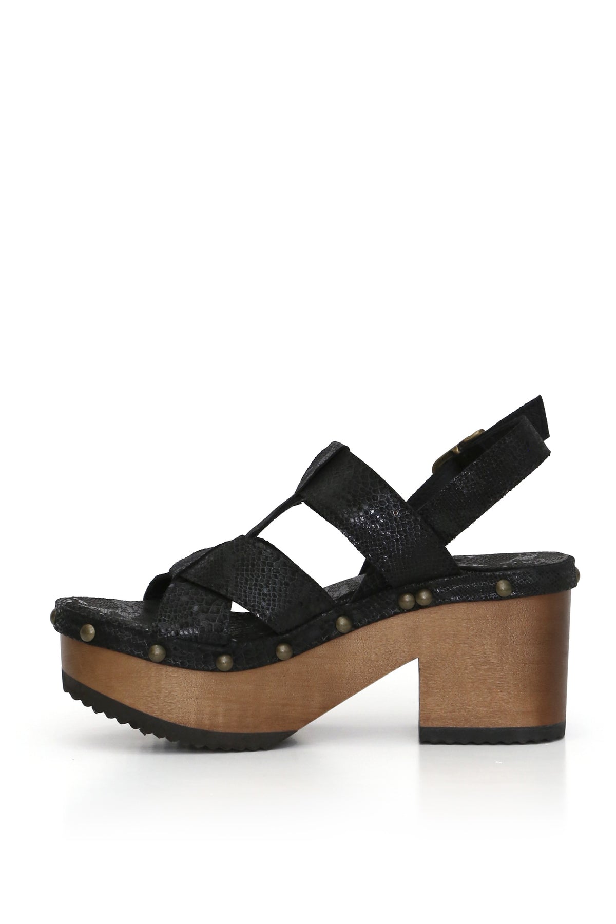 Sandalia artesanal Bua Bimba negro con destellos y planta anatómica, zuecos de mujer para vestir