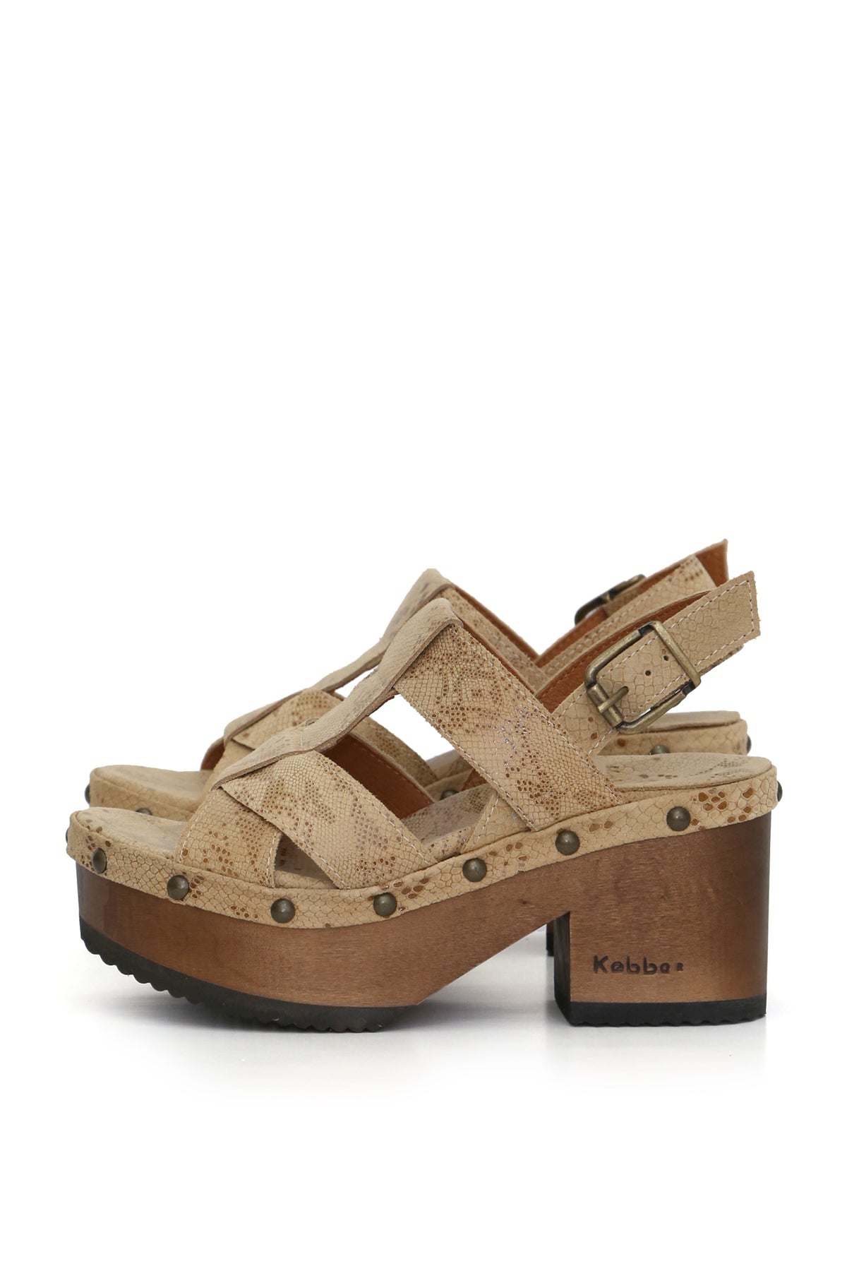 Sandalia Bimba cuero trigo/arena con destellos y planta BUA 8 cm, zuecos de mujer para vestir