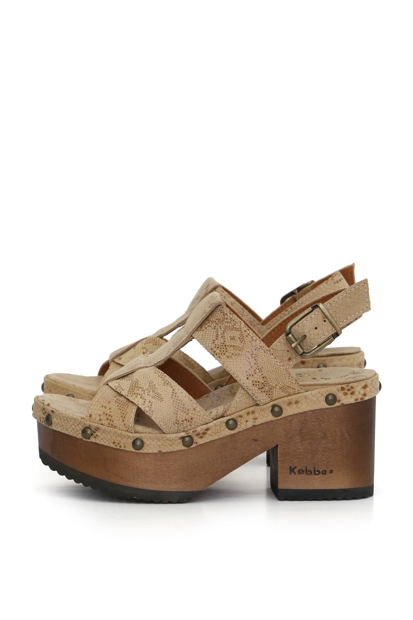 Sandalia Bimba cuero trigo/arena con destellos y planta BUA 8 cm, zuecos de mujer para vestir