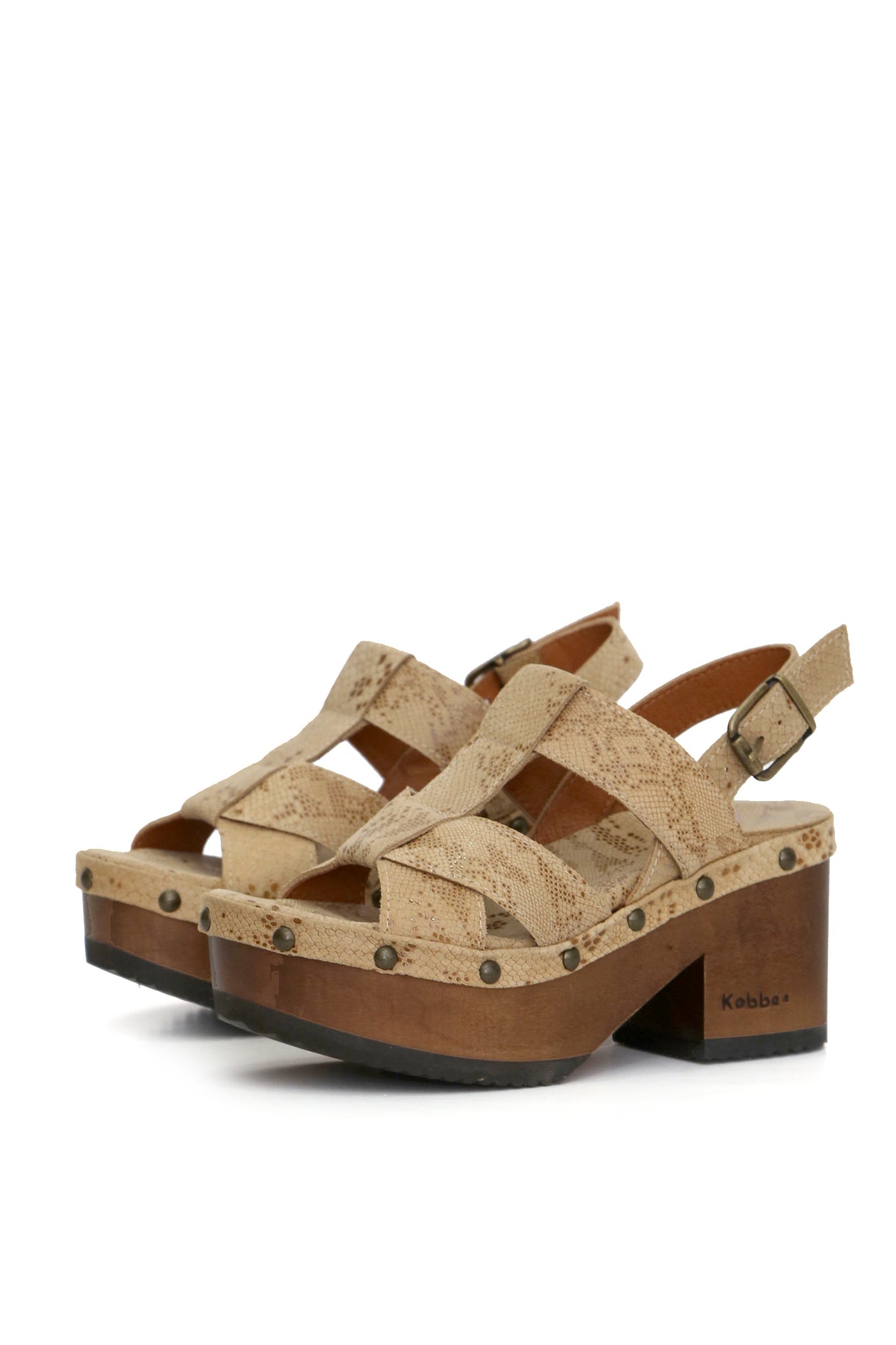 Sandalia Bimba cuero trigo/arena con destellos y planta BUA 8 cm, zuecos de mujer para vestir