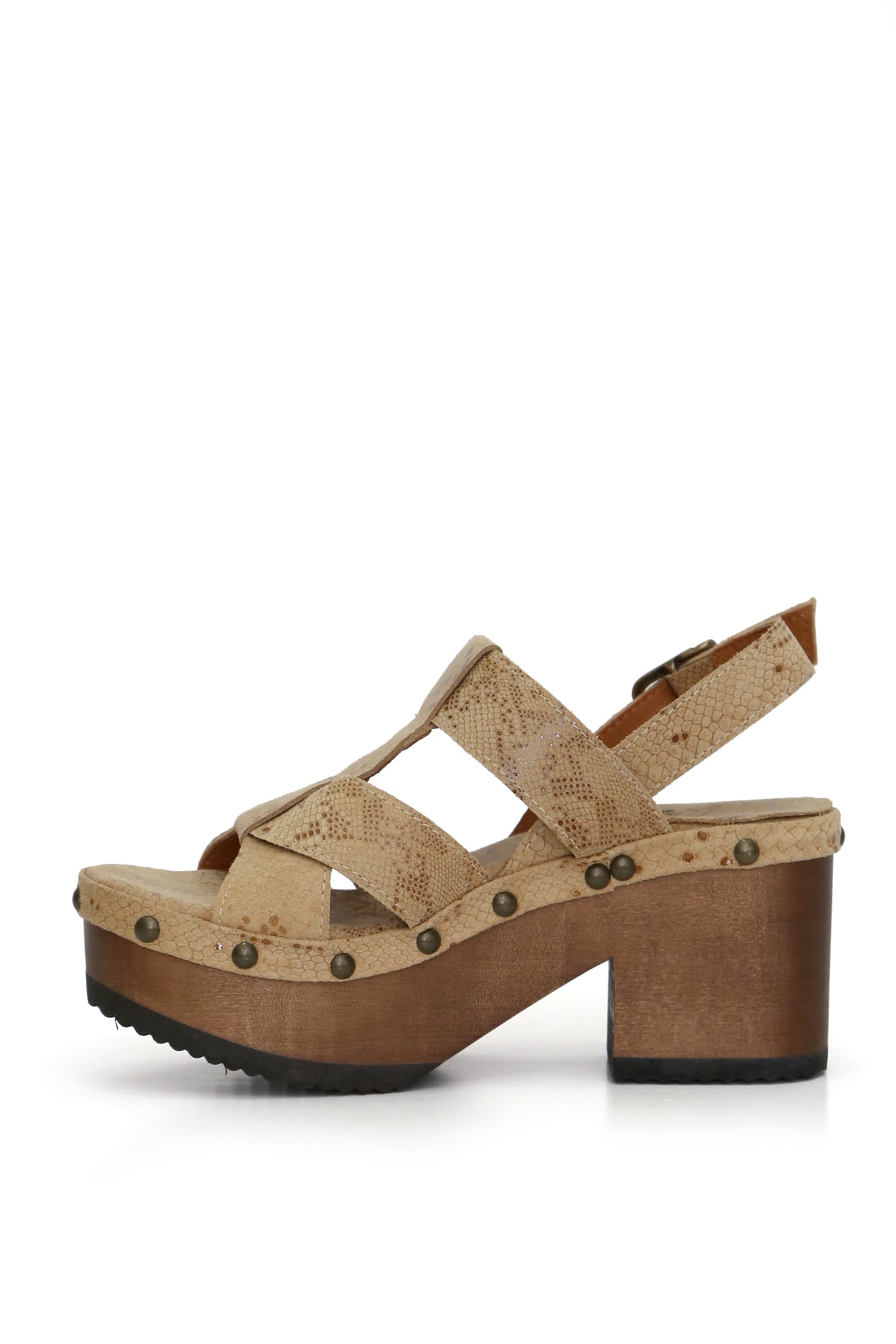 Sandalia artesanal Bua Bimba color trigo/arena con hebilla superior, zuecos de mujer para vestir