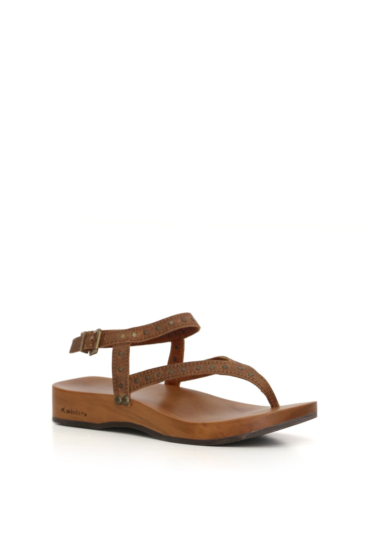 Sandalia artesanal Dafne en cuero sierra con planta anatómica DK de madera tepa 3,5 cm