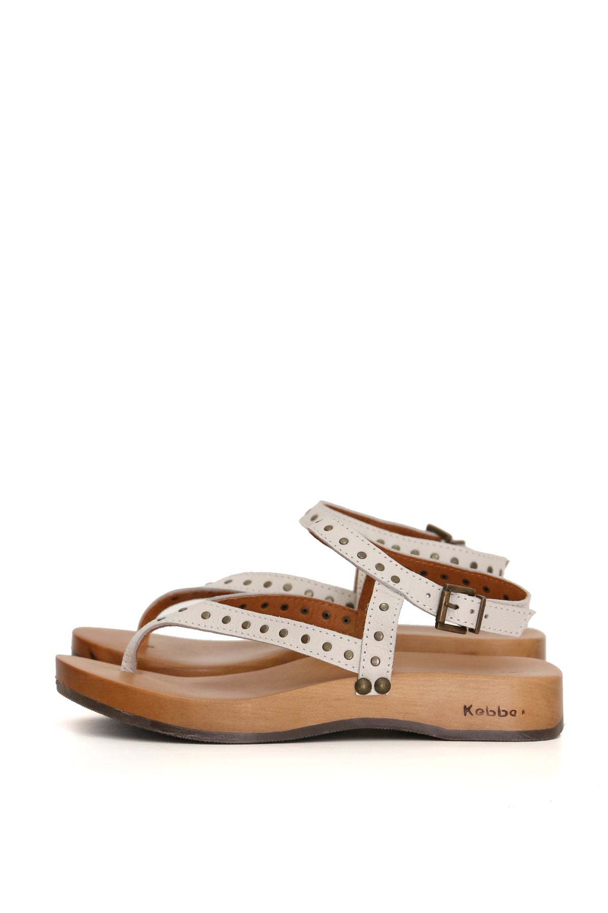 Sandalia de cuero gaucho color sierra Dafne con planta anatómica DK 3,5 cm en madera tepa