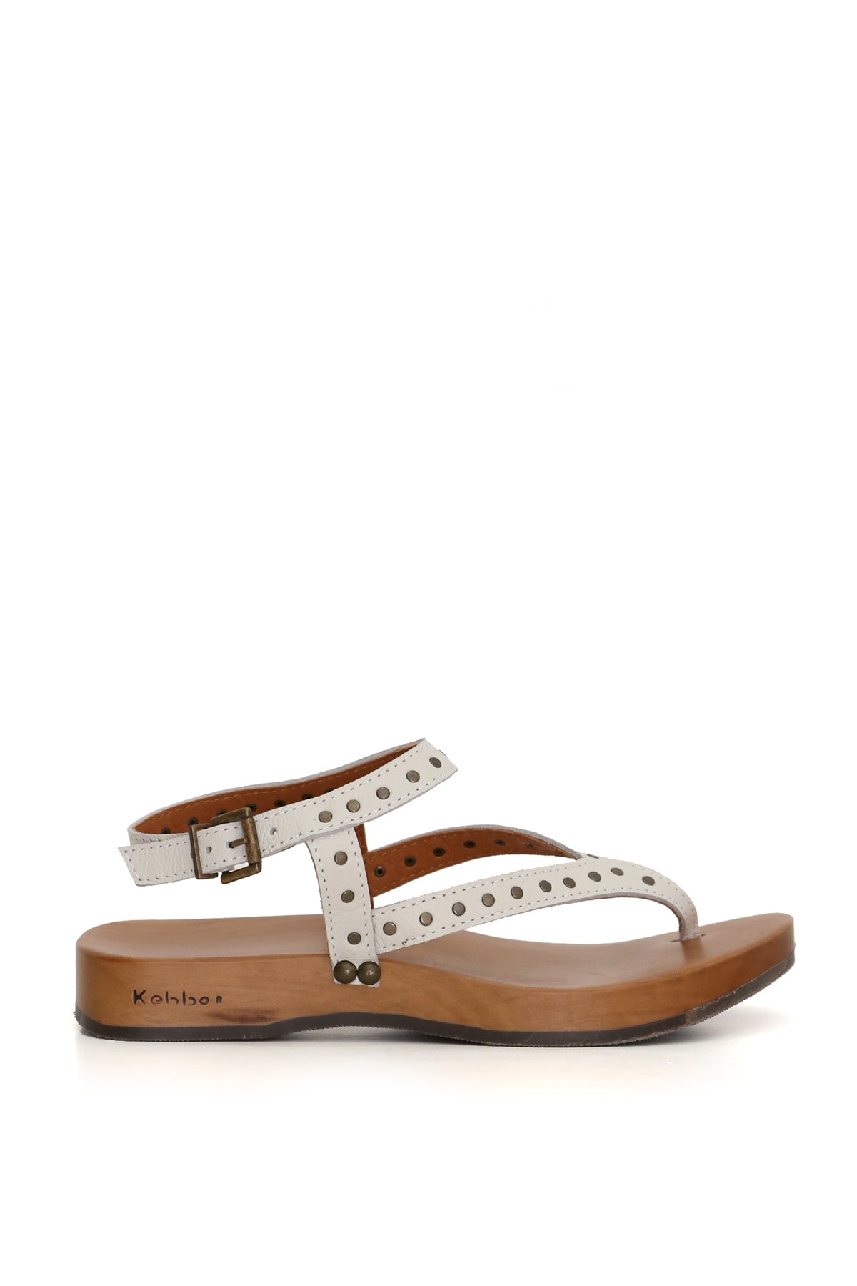 Sandalia artesanal Dafne en cuero sierra con planta anatómica DK de madera tepa 3,5 cm